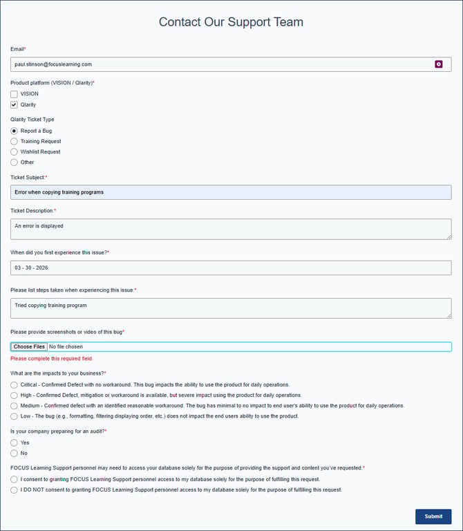 Support Portal form report bug